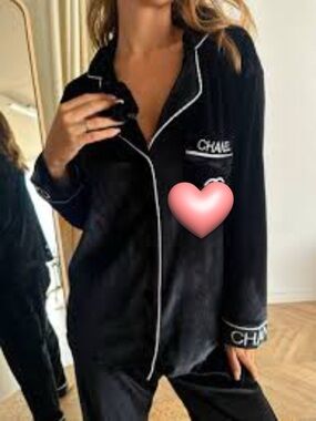 CHAME Black Satin Pajama Set with Contrast Piping cc